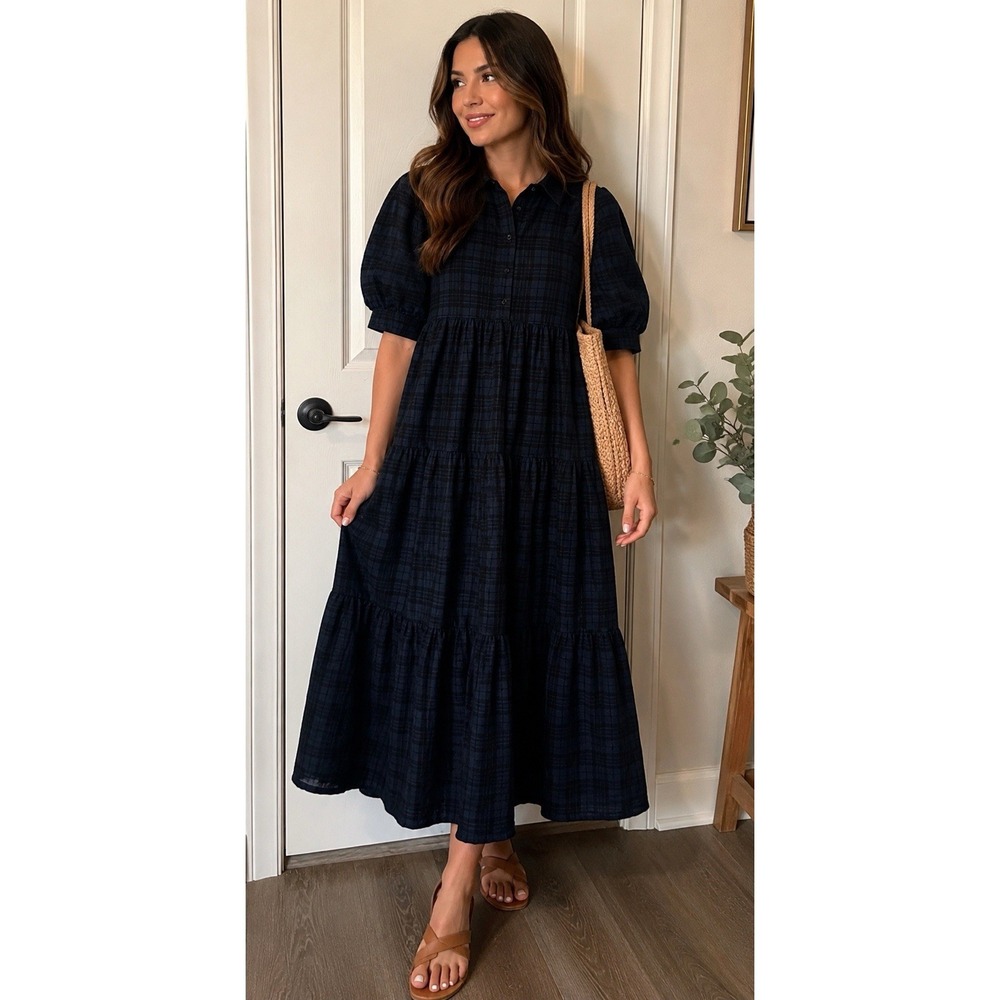 Natural Life Plaid Tiered Midi Dress Medium Blue Cotton Cottagecore Puff Sleeve